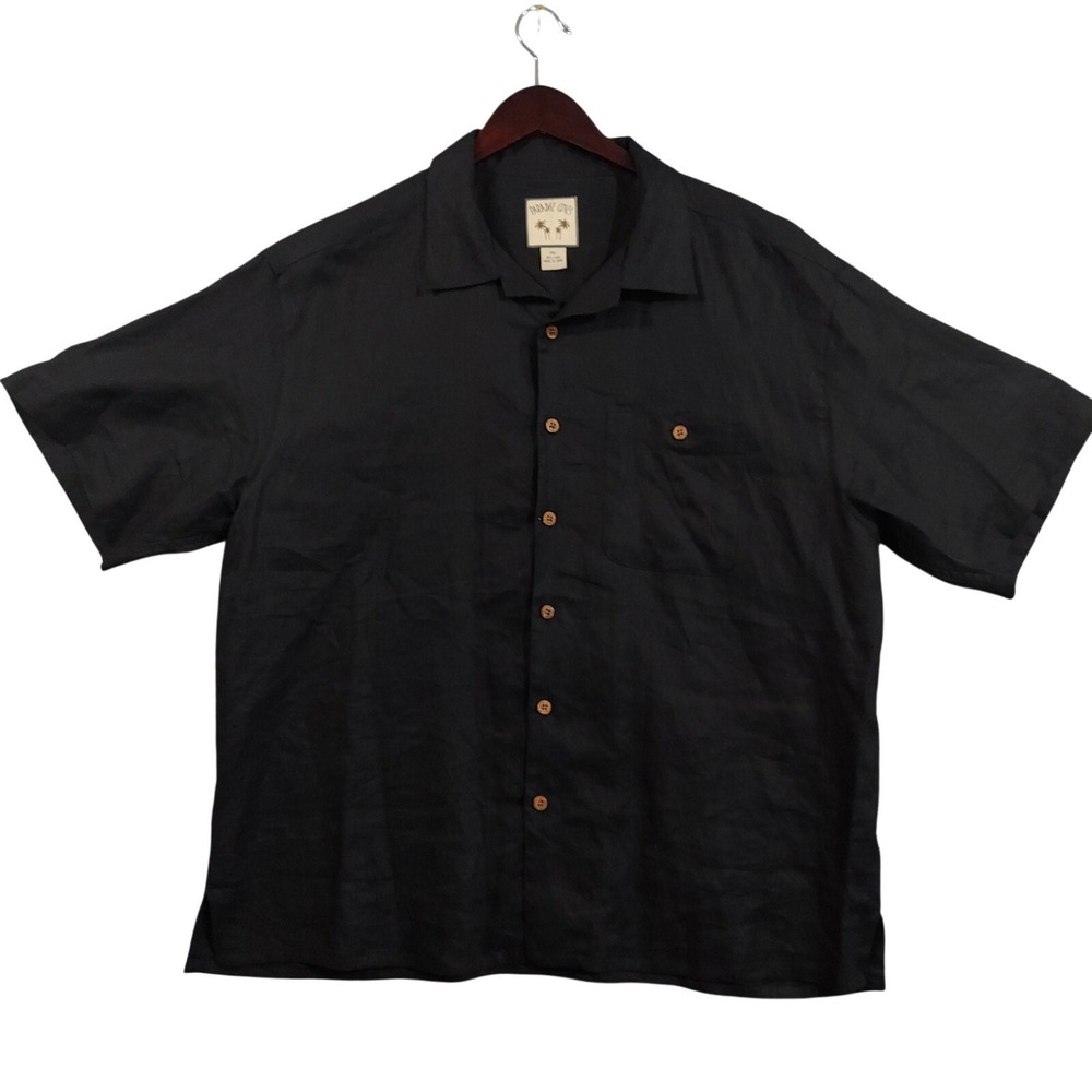 Paradise Coves Shirt Mens 2XL Black Solid Short Sleeve Button Up Linen Beach